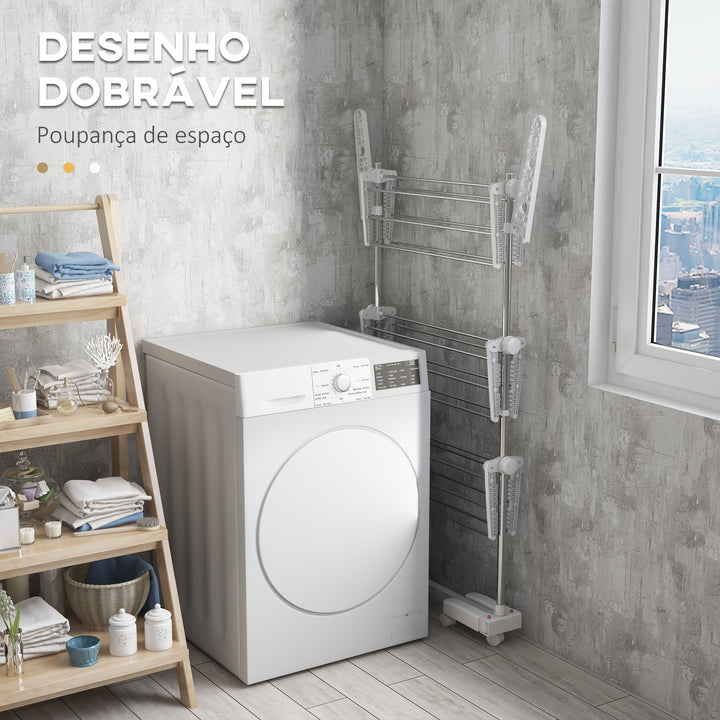 Estendal Roupa 6 Rodinhas 3 Níveis Prateleira Tubo Aço Lavandaria Estendal 80-142x55x152 cm
