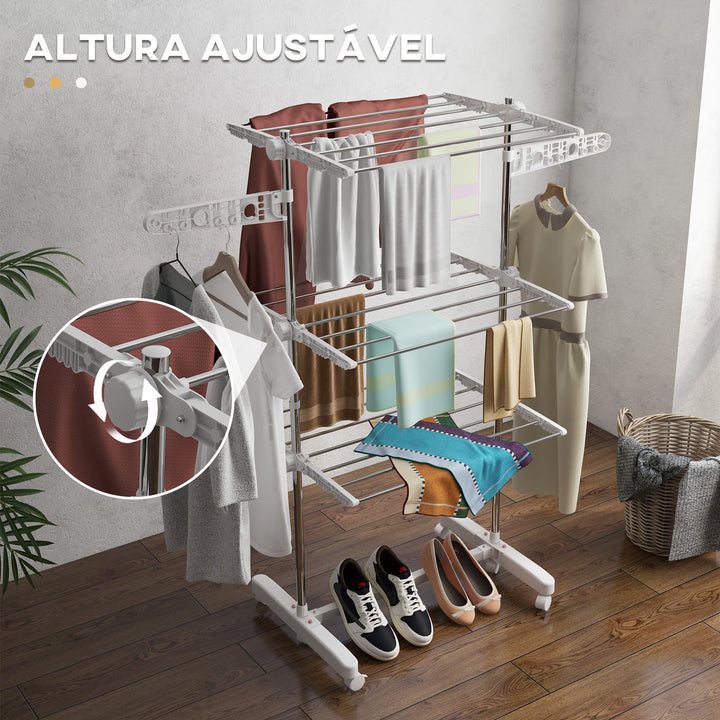 Estendal Roupa 6 Rodinhas 3 Níveis Prateleira Tubo Aço Lavandaria Estendal 80-142x55x152 cm