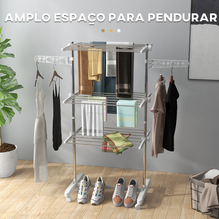 Estendal Roupa 6 Rodinhas 3 Níveis Prateleira Tubo Aço Lavandaria Estendal 80-142x55x152 cm