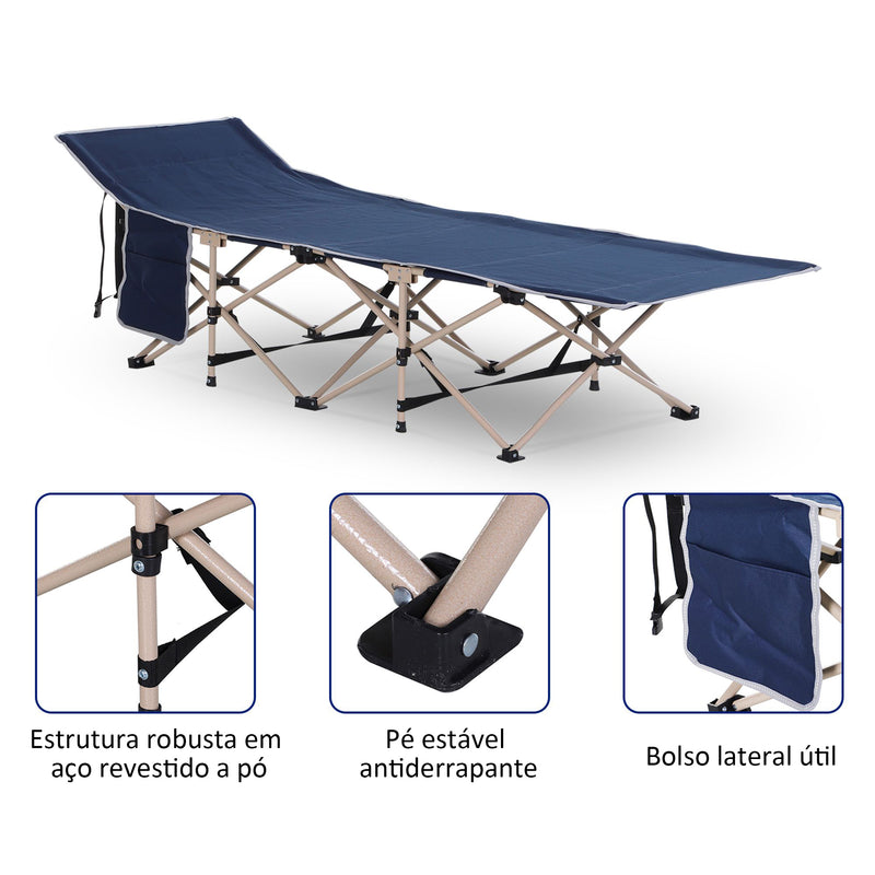 Cama de Campismo Dobrável Cama de Campismo com 1 Bolso Lateral Bolsa de Transporte e Estrutura de Aço Carga Máxima 150 kg para Praia Trilha 190x68x52 cm Azul Escuro