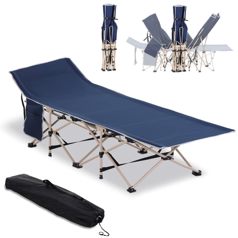 Cama de Campismo Dobrável Cama de Campismo com 1 Bolso Lateral Bolsa de Transporte e Estrutura de Aço Carga Máxima 150 kg para Praia Trilha 190x68x52 cm Azul Escuro