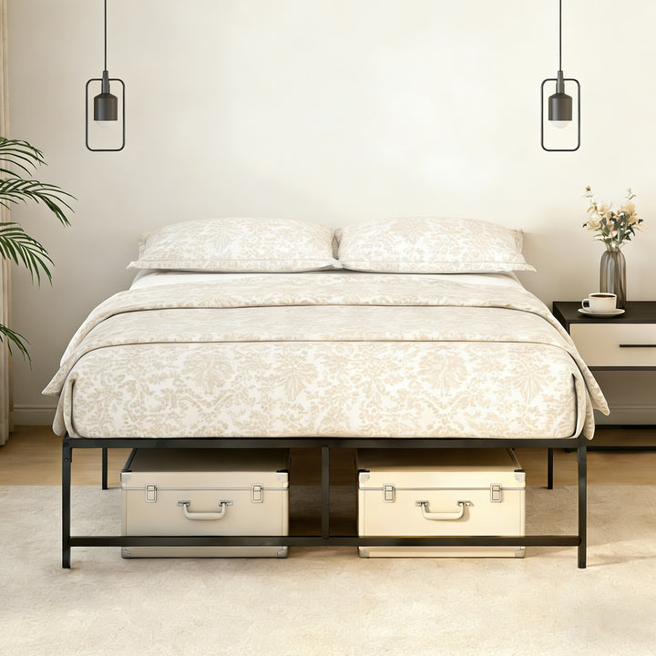 Estrutura de Cama Dupla de Metal para Colchão 135x190cm com Pés de 35cm Estrutura de Cama de Casal com Espaço em Baixo de Armazenamento 141,5x195x35cm Preto