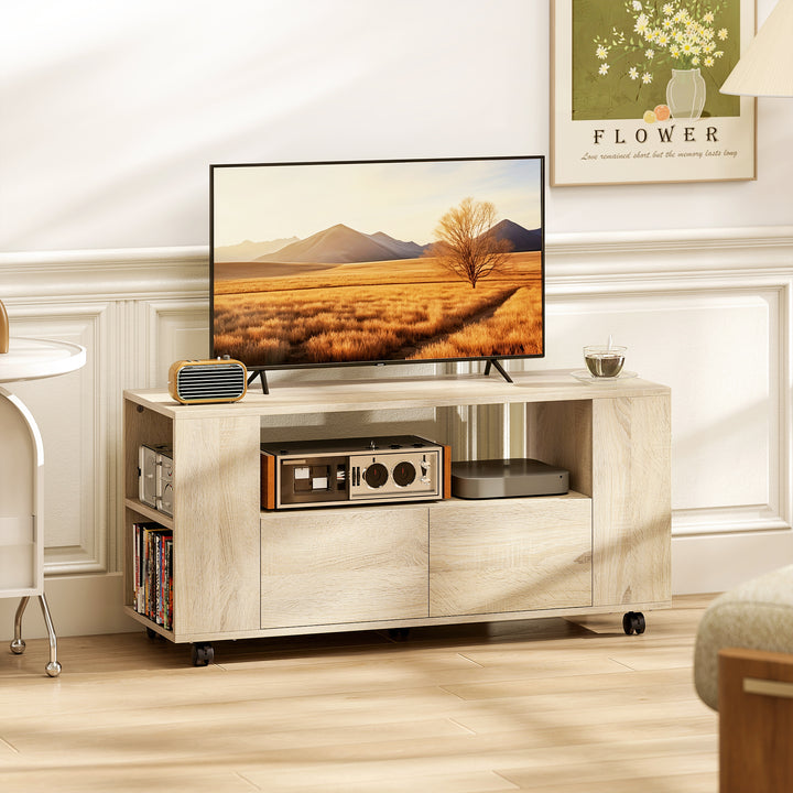 Móvel de TV com Rodas Mesa de TV Móvel Móvel para Televisão até 42 Polegadas com 2 Gavetas Prateleiras Ajustáveis para Sala de Estar Quarto 102x34,5x48,5 cm Madeira