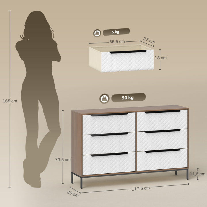 Cómoda com 6 Gavetas de Tecido Cómoda para Quarto Frentes com Padrão de Diamante Móvel de Arrumação para Sala de Estar Escritório Closet 117,5x30x73,5 cm Madeira e Branco