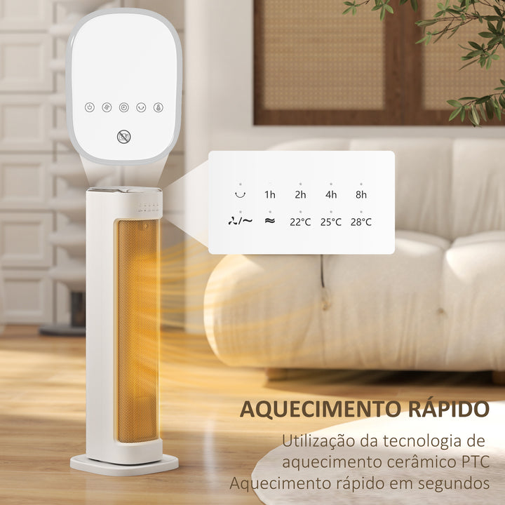 Aquecedor Elétrico de Baixo Consumo 2000W PTC Termoventilador com 3 Modos Termostato Regulável Temporizador Proteção contra Capotamentos e Sobreaquecimento Controlo Remoto para 15-20? Branco