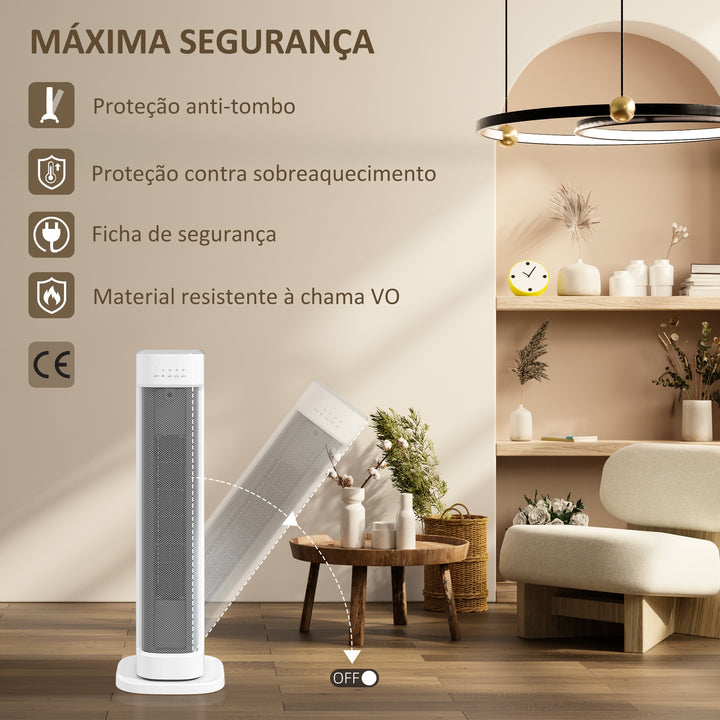 Aquecedor Elétrico de Baixo Consumo 2000W PTC Termoventilador com 3 Modos Termostato Regulável Temporizador Proteção contra Capotamentos e Sobreaquecimento Controlo Remoto para 15-20? Branco