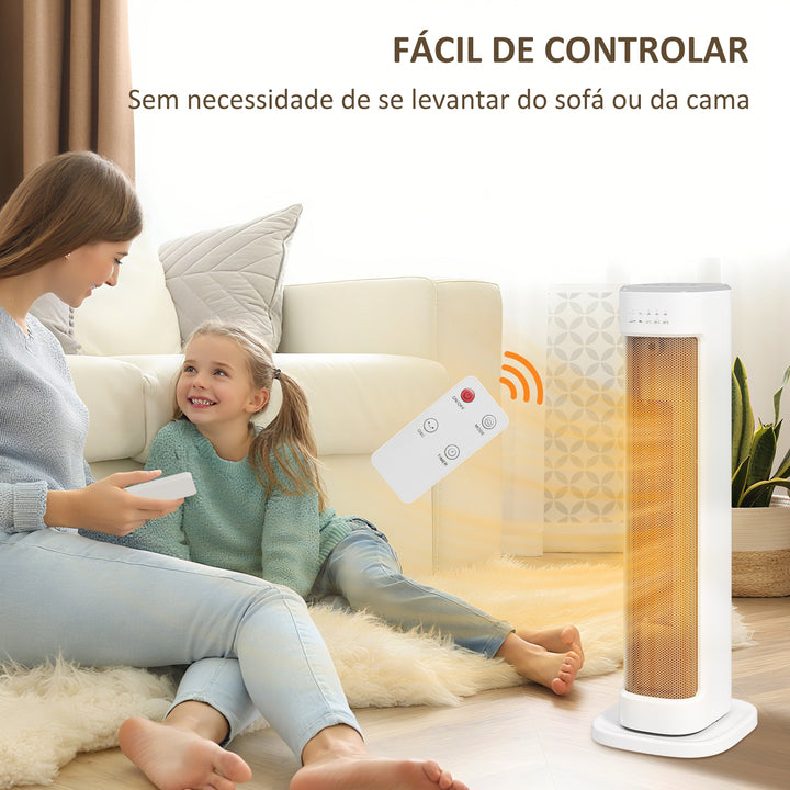 Aquecedor Elétrico de Baixo Consumo 2000W PTC Termoventilador com 3 Modos Termostato Regulável Temporizador Proteção contra Capotamentos e Sobreaquecimento Controlo Remoto para 15-20? Branco