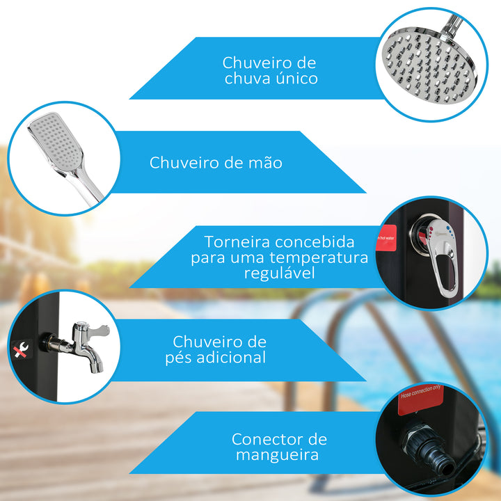 Duche Solar Exterior 35 L Duche de Jardim com 2 Cabeças de Chuveiro Torneira e Água Quente 0-55? para Piscina Pátio Praia 17,5x14,5x216 cm Preto