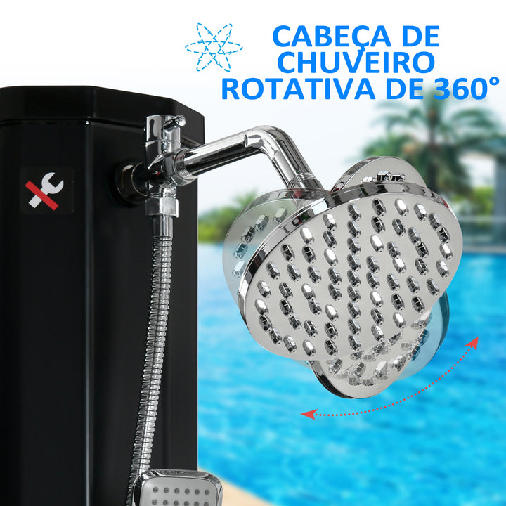Duche Solar Exterior 35 L Duche de Jardim com 2 Cabeças de Chuveiro Torneira e Água Quente 0-55? para Piscina Pátio Praia 17,5x14,5x216 cm Preto