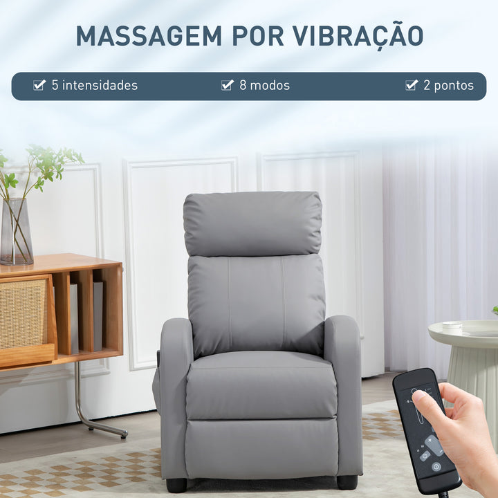 Poltrona de Massagem Poltrona Relax Reclinável com Controlo Remoto 2 Áreas de Massagem 8 Programas 5 Níveis de Intensidade Estofado em PU 68x88x98 cm Cinzento