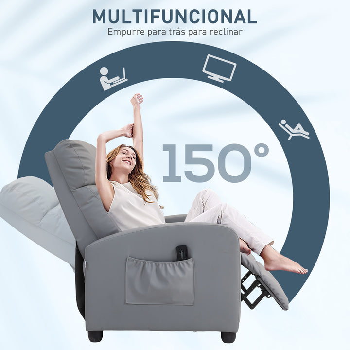 Poltrona de Massagem Poltrona Relax Reclinável com Controlo Remoto 2 Áreas de Massagem 8 Programas 5 Níveis de Intensidade Estofado em PU 68x88x98 cm Cinzento