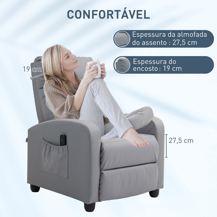 Poltrona de Massagem Poltrona Relax Reclinável com Controlo Remoto 2 Áreas de Massagem 8 Programas 5 Níveis de Intensidade Estofado em PU 68x88x98 cm Cinzento