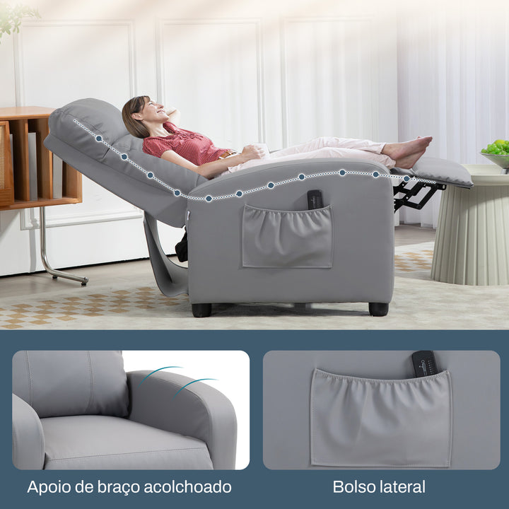 Poltrona de Massagem Poltrona Relax Reclinável com Controlo Remoto 2 Áreas de Massagem 8 Programas 5 Níveis de Intensidade Estofado em PU 68x88x98 cm Cinzento