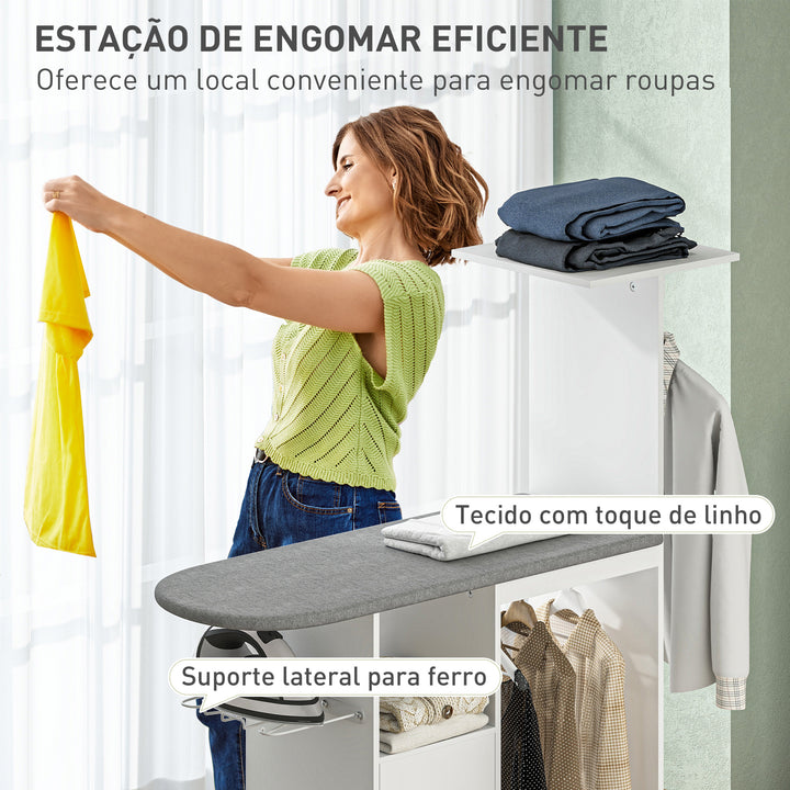 Móvel de Engomar Roupa com Rodas e Suporte Lateral Móvel de Passagem com Tábua de Passar Barra para Roupa Prateleira Ajustável 127,5x43,5x153 cm Branco