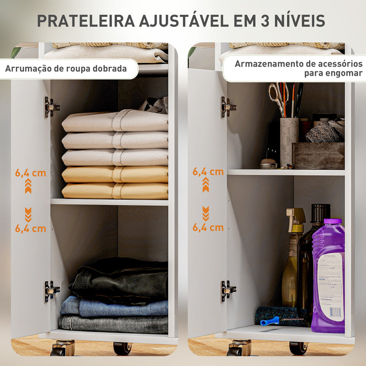 Móvel de Engomar Roupa com Rodas e Suporte Lateral Móvel de Passagem com Tábua de Passar Barra para Roupa Prateleira Ajustável 127,5x43,5x153 cm Branco