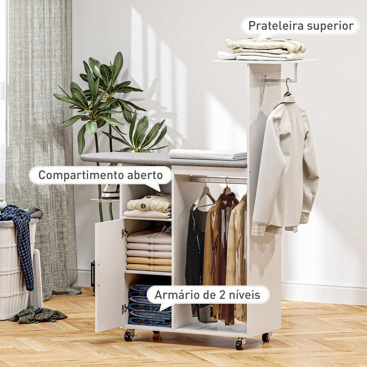 Móvel de Engomar Roupa com Rodas e Suporte Lateral Móvel de Passagem com Tábua de Passar Barra para Roupa Prateleira Ajustável 127,5x43,5x153 cm Branco