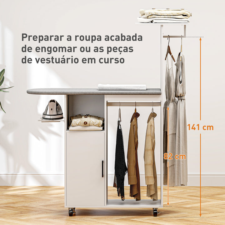 Móvel de Engomar Roupa com Rodas e Suporte Lateral Móvel de Passagem com Tábua de Passar Barra para Roupa Prateleira Ajustável 127,5x43,5x153 cm Branco