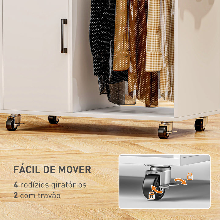 Móvel de Engomar Roupa com Rodas e Suporte Lateral Móvel de Passagem com Tábua de Passar Barra para Roupa Prateleira Ajustável 127,5x43,5x153 cm Branco