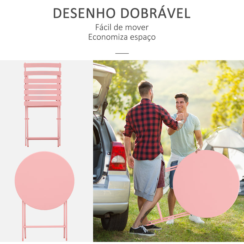 Conjunto de Móveis de Jardim Dobráveis Conjunto de 1 Mesa Redonda e 2 Cadeiras de Varanda com Estrutura de Aço para Pátio Rosa