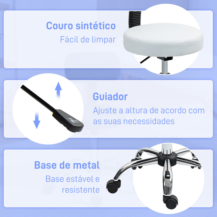 Banco Giratório Banco com Rodas e Encosto Banco de Trabalho com Altura Ajustável 78-93 cm Assento Estofado em Couro Sintético Branco