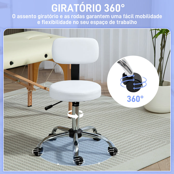 Banco Giratório Banco com Rodas e Encosto Banco de Trabalho com Altura Ajustável 78-93 cm Assento Estofado em Couro Sintético Branco
