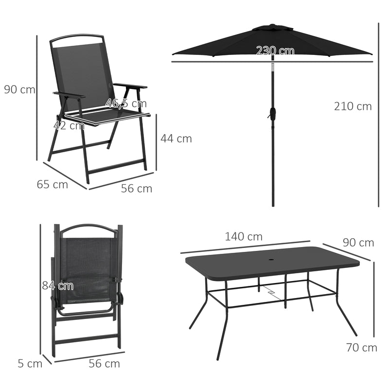 Conjunto de Móveis de Jardim 8 Peças com 6 Cadeiras Dobráveis Mesa com Bancada de Vidro e Chapéu de Sol Inclinável Proteção Solar para Terraço Exterior Preto