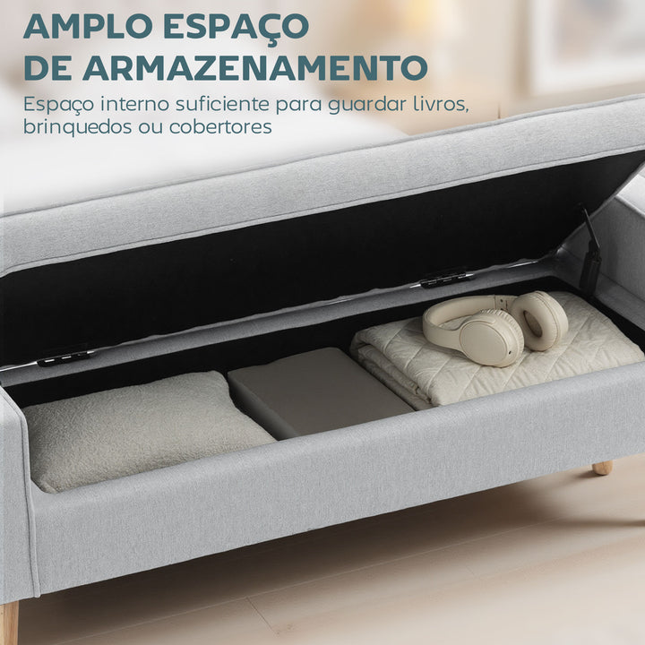Banco de Armazenamento Baú de Armazenamento Estofado em Linho com Tampa Abatível e Pés de Madeira para Dormitório Sala de Estar Entrada Carga 120kg 120x45x54 cm Cinza Claro