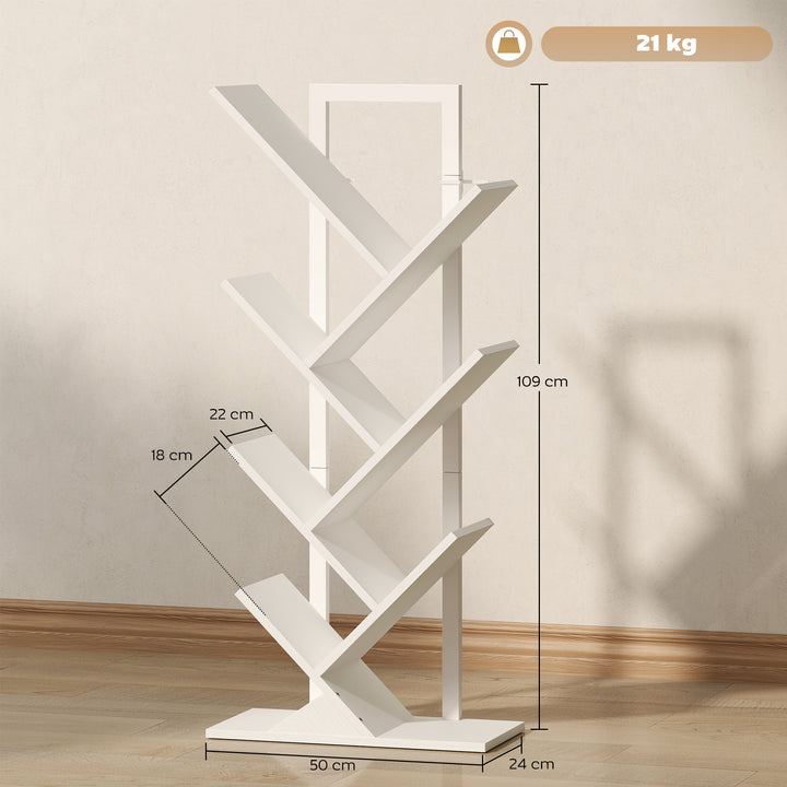 Estante em Forma de Árvore de 7 Níveis Estante de Livros com 7 Prateleiras e Estrutura de Aço para Sala de Estar Escritório Estúdio Quarto 50x24x109 cm Branco