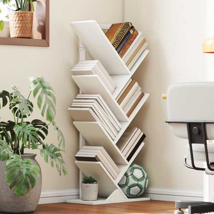 Estante em Forma de Árvore de 7 Níveis Estante de Livros com 7 Prateleiras e Estrutura de Aço para Sala de Estar Escritório Estúdio Quarto 50x24x109 cm Branco