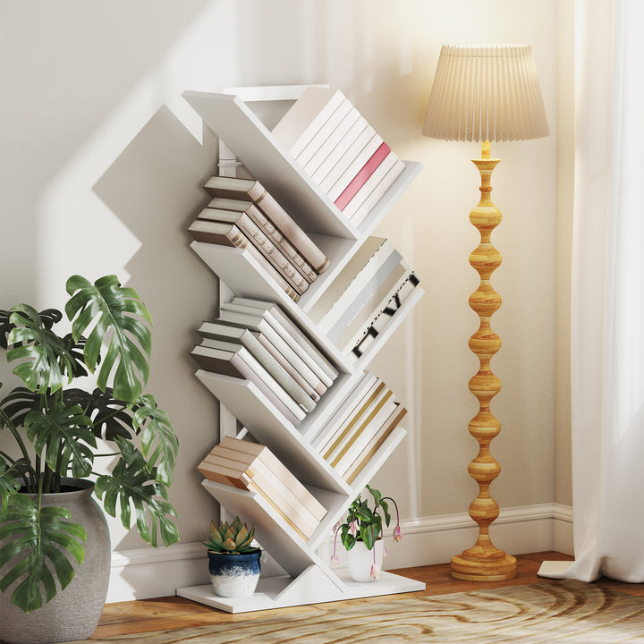 Estante em Forma de Árvore de 7 Níveis Estante de Livros com 7 Prateleiras e Estrutura de Aço para Sala de Estar Escritório Estúdio Quarto 50x24x109 cm Branco