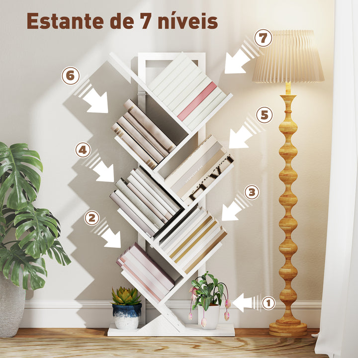 Estante em Forma de Árvore de 7 Níveis Estante de Livros com 7 Prateleiras e Estrutura de Aço para Sala de Estar Escritório Estúdio Quarto 50x24x109 cm Branco
