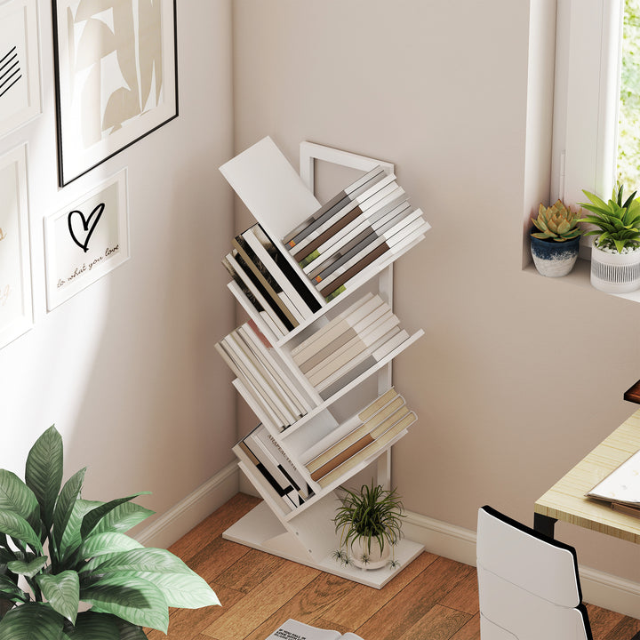 Estante em Forma de Árvore de 7 Níveis Estante de Livros com 7 Prateleiras e Estrutura de Aço para Sala de Estar Escritório Estúdio Quarto 50x24x109 cm Branco