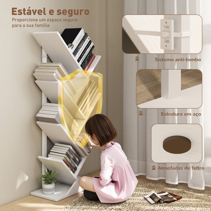 Estante em Forma de Árvore de 7 Níveis Estante de Livros com 7 Prateleiras e Estrutura de Aço para Sala de Estar Escritório Estúdio Quarto 50x24x109 cm Branco