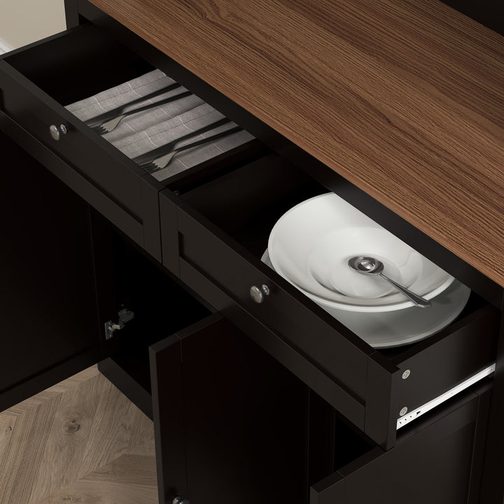 Armário de Cozinha Móvel Auxiliar de Cozinha com 3 Portas de Vidro Compartimento Aberto 2 Gavetas e Prateleiras Ajustáveis 100x40x180 cm Preto