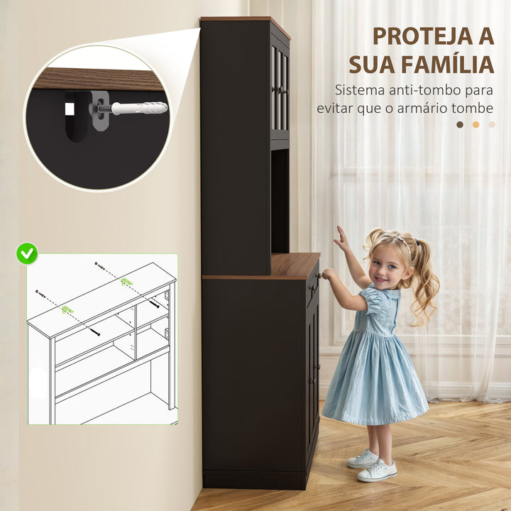 Armário de Cozinha Móvel Auxiliar de Cozinha com 3 Portas de Vidro Compartimento Aberto 2 Gavetas e Prateleiras Ajustáveis 100x40x180 cm Preto
