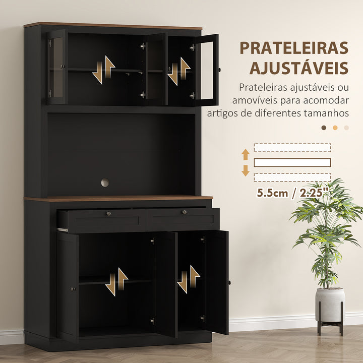 Armário de Cozinha Móvel Auxiliar de Cozinha com 3 Portas de Vidro Compartimento Aberto 2 Gavetas e Prateleiras Ajustáveis 100x40x180 cm Preto