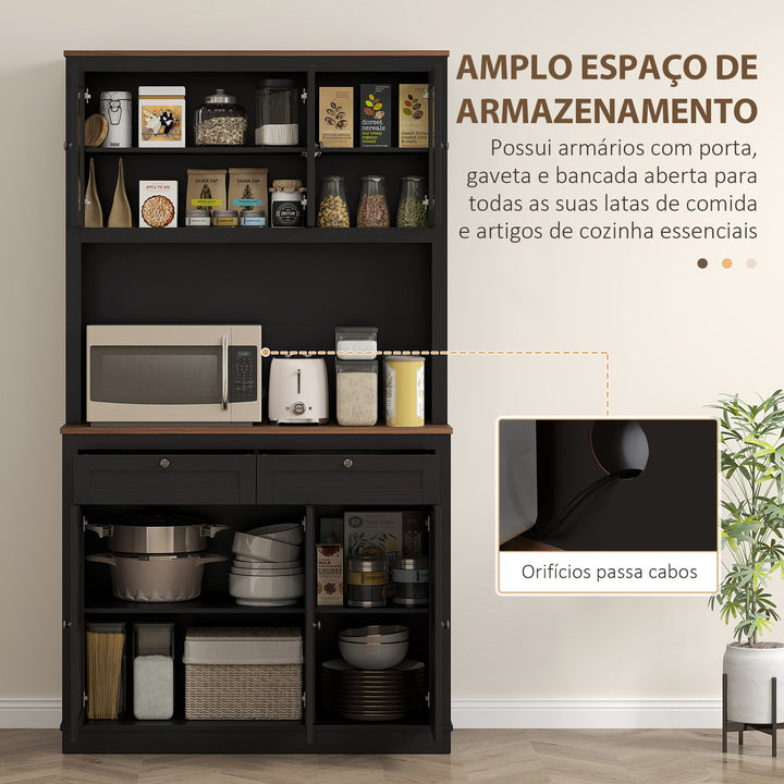 Armário de Cozinha Móvel Auxiliar de Cozinha com 3 Portas de Vidro Compartimento Aberto 2 Gavetas e Prateleiras Ajustáveis 100x40x180 cm Preto