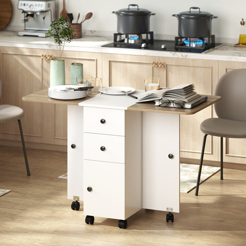 Mesa de Refeição Dobrável com Rodas Mesa Abatível com 2 Gavetas e Armário Mesa Auxiliar Multifuncional para Estúdio Cozinha 120x60x76,5 cm Branco