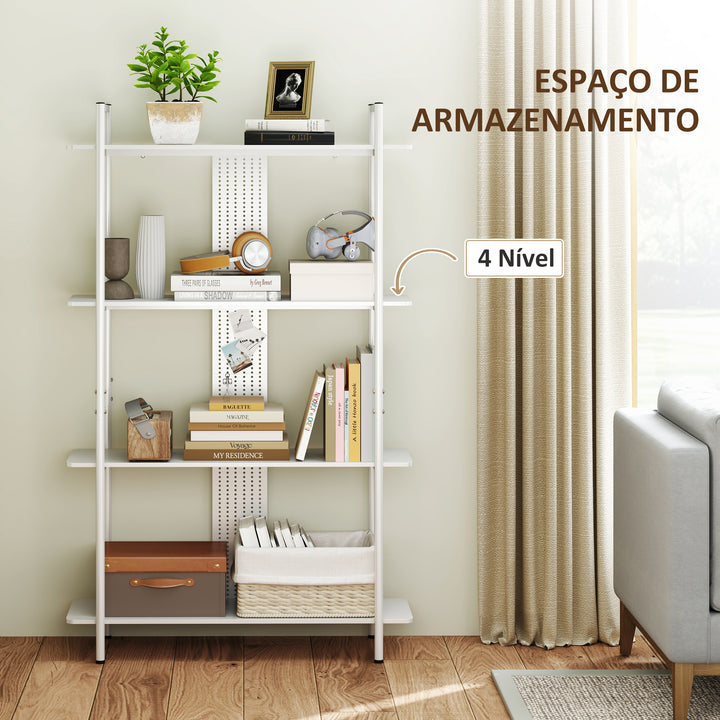 Estante de 4 Níveis Estante para Livros com Painel Perfurado e Estrutura Metálica Estante para Sala de Estar Estúdio Dormitório Escritório 100x35x160,5 cm Branco