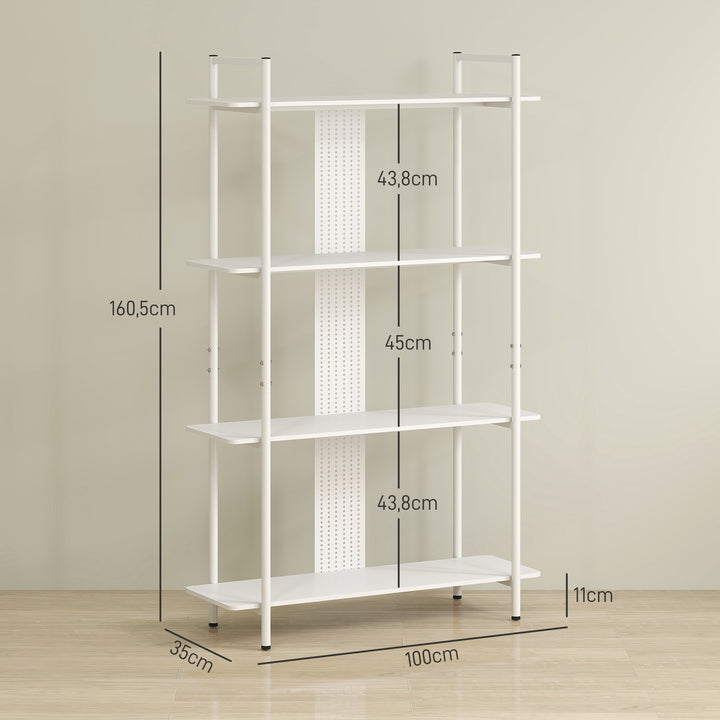 Estante de 4 Níveis Estante para Livros com Painel Perfurado e Estrutura Metálica Estante para Sala de Estar Estúdio Dormitório Escritório 100x35x160,5 cm Branco