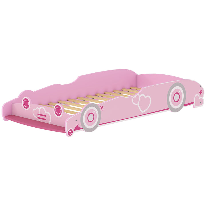 Cama Infantil 70x140 cm em Forma de Carro com Barreira de Proteção e Estrado para Crianças de 3-5 Anos Rosa