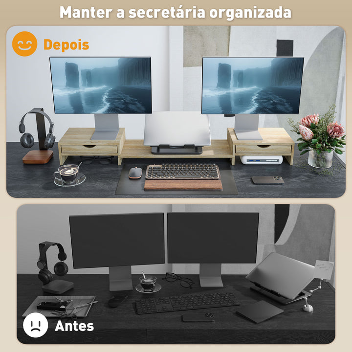 Suporte para Monitor com Ângulo e Comprimento Ajustável Suporte para Monitor com 2 Gavetas para Escritório Suporte para Monitor Portátil 60-116x22x12 cm Madeira