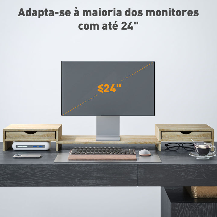 Suporte para Monitor com Ângulo e Comprimento Ajustável Suporte para Monitor com 2 Gavetas para Escritório Suporte para Monitor Portátil 60-116x22x12 cm Madeira