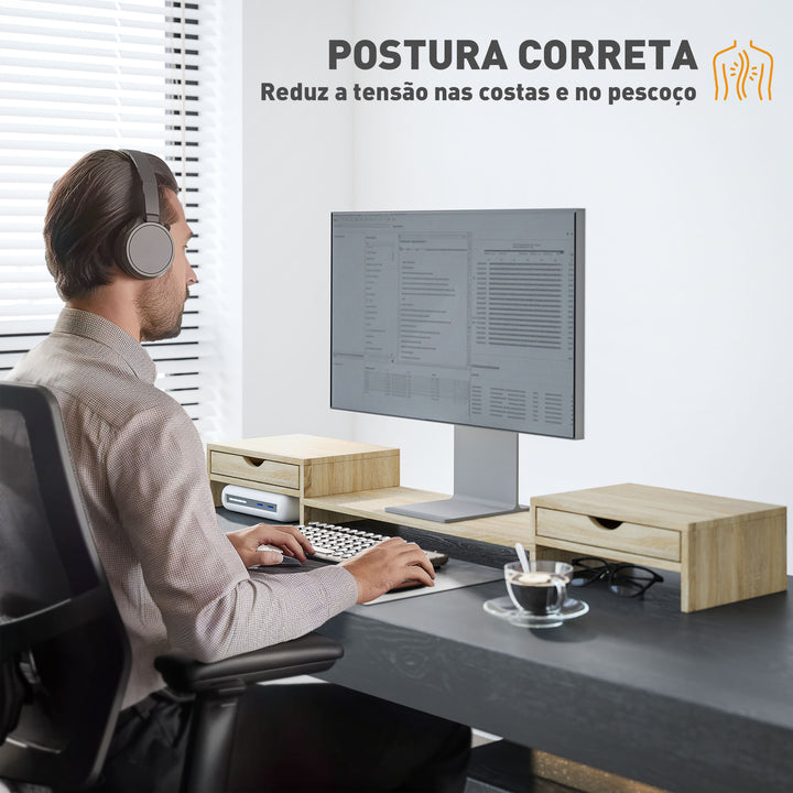 Suporte para Monitor com Ângulo e Comprimento Ajustável Suporte para Monitor com 2 Gavetas para Escritório Suporte para Monitor Portátil 60-116x22x12 cm Madeira