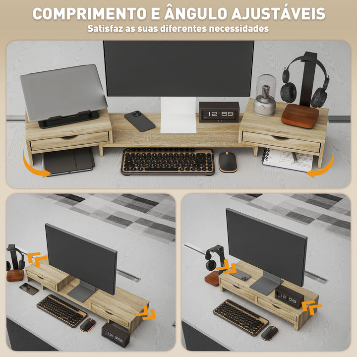 Suporte para Monitor com Ângulo e Comprimento Ajustável Suporte para Monitor com 2 Gavetas para Escritório Suporte para Monitor Portátil 60-116x22x12 cm Madeira
