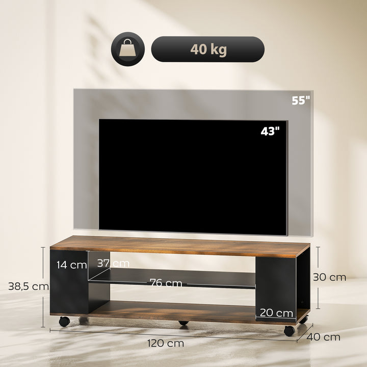 Móvel para TV com Rodas Armário para TV Flutuante com 2 Portas e 2 Prateleiras de Armazenamento para Televisores de até 55 Polegadas para Dormitório 120x40x38,5 cm Preto e Nogueira