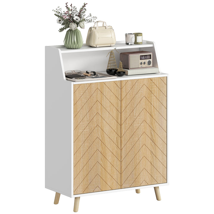 Sapateira de 2 Portas Sapateira para Entrada com Prateleiras Ajustáveis Compartimento Aberto e Pés em Madeira para 15 Pares de Sapatos 75x35x104 cm Branco e Madeira
