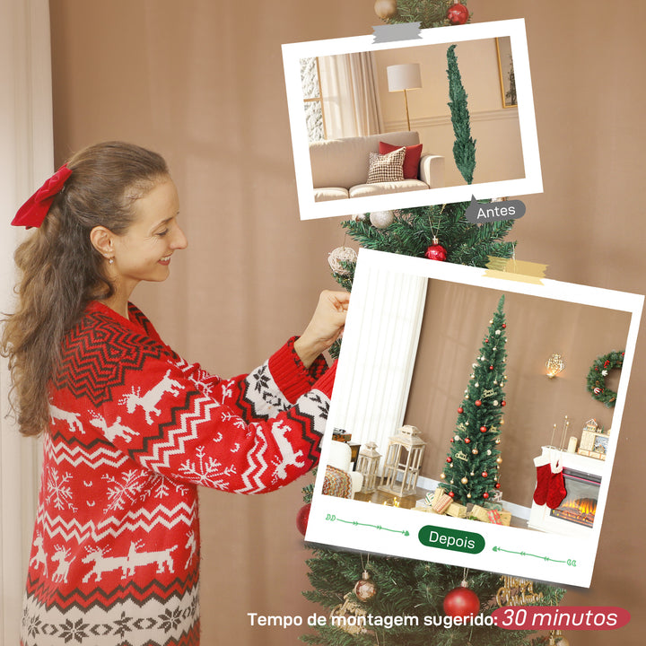 Árvore de Natal Slim 210 cm Árvore de Natal Artificial com 401 Ramos Suporte Metálico Fácil de Montar Decoração para Interior Casa Escritório Verde
