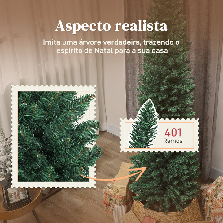 Árvore de Natal Slim 210 cm Árvore de Natal Artificial com 401 Ramos Suporte Metálico Fácil de Montar Decoração para Interior Casa Escritório Verde