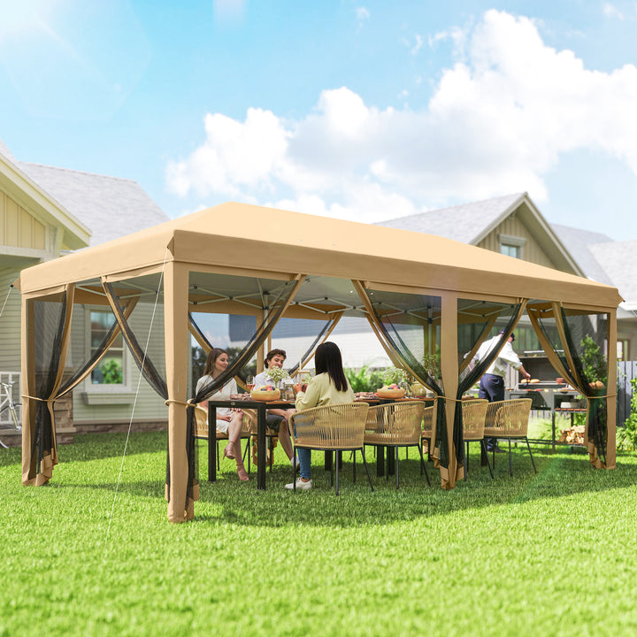 Tenda para Festas 6x3 m Tenda de Jardim com 6 Mosquiteiros Bolsa de Transporte e Estrutura de Aço para Campismo Festas Bege